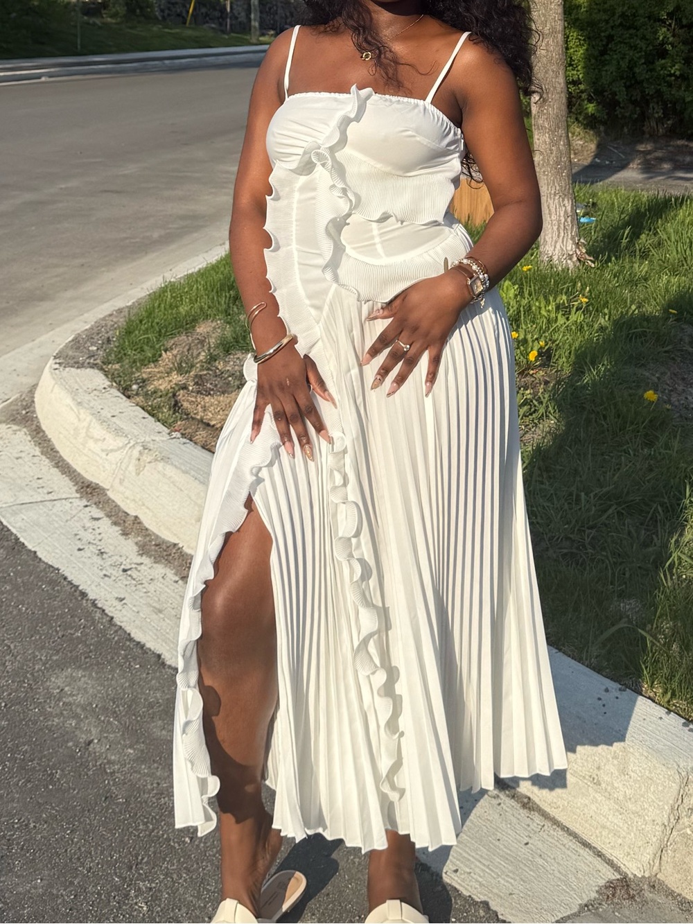 Elegant Cream Ruffle Midi Dress with Spaghetti Straps